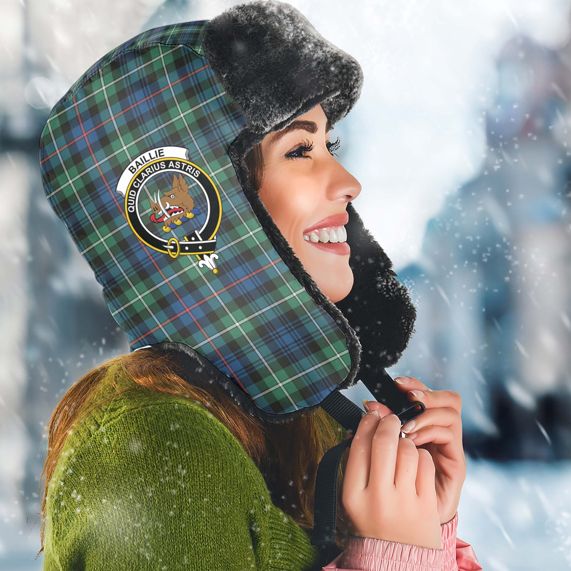 Baillie Ancient Tartan Winter Trapper Hat with Family Crest Winter Trapper Hat Universal Fit Circumference 22.8in (58cm) - Tartanvibesclothing