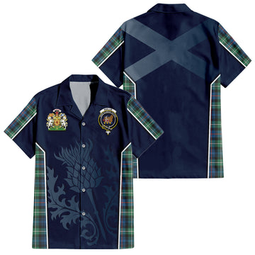 Baillie Ancient Tartan Short Sleeve Button Up Shirt with Family Crest and Scottish Thistle Vibes Sport Style