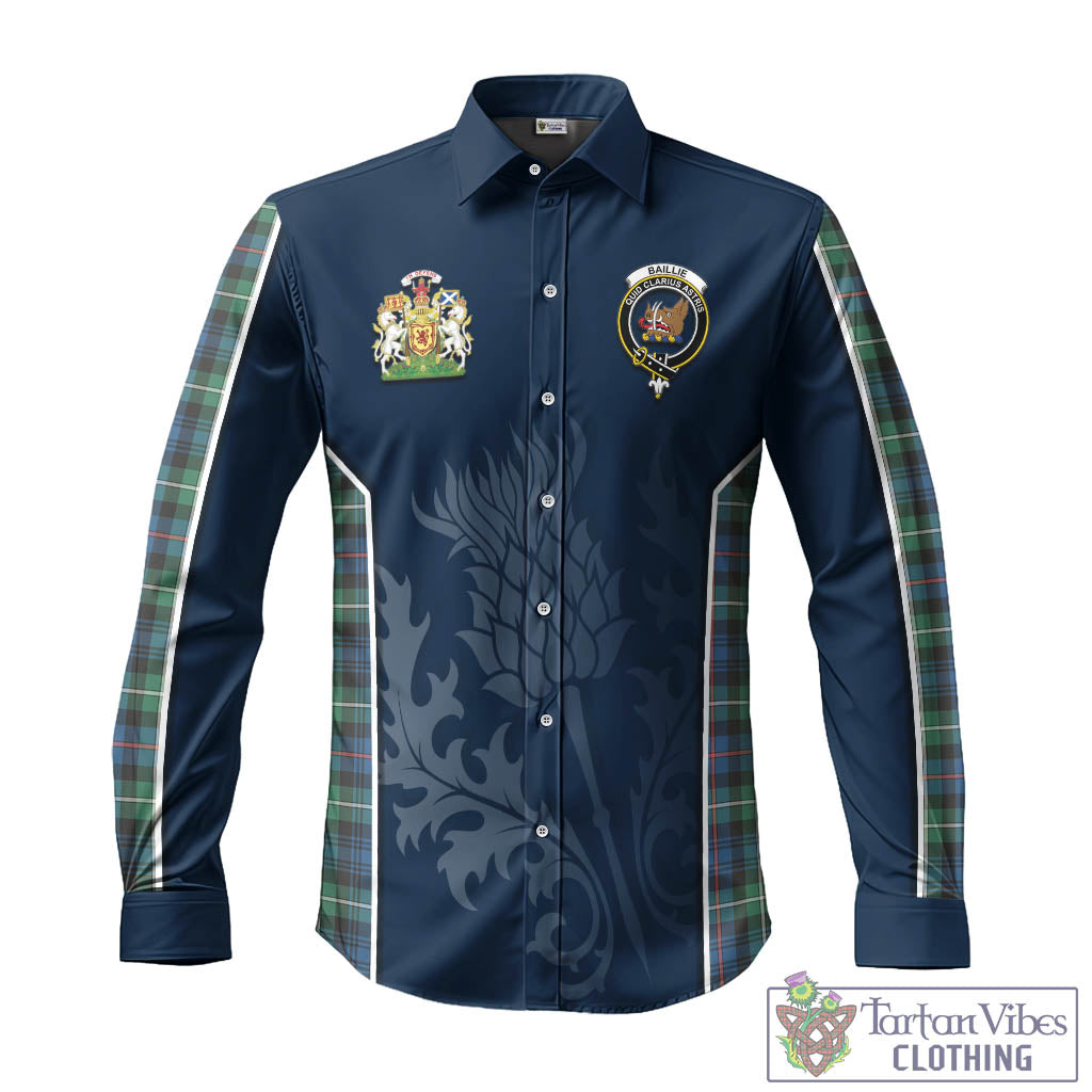 Tartan Vibes Clothing Baillie Ancient Tartan Long Sleeve Button Up Shirt with Family Crest and Scottish Thistle Vibes Sport Style