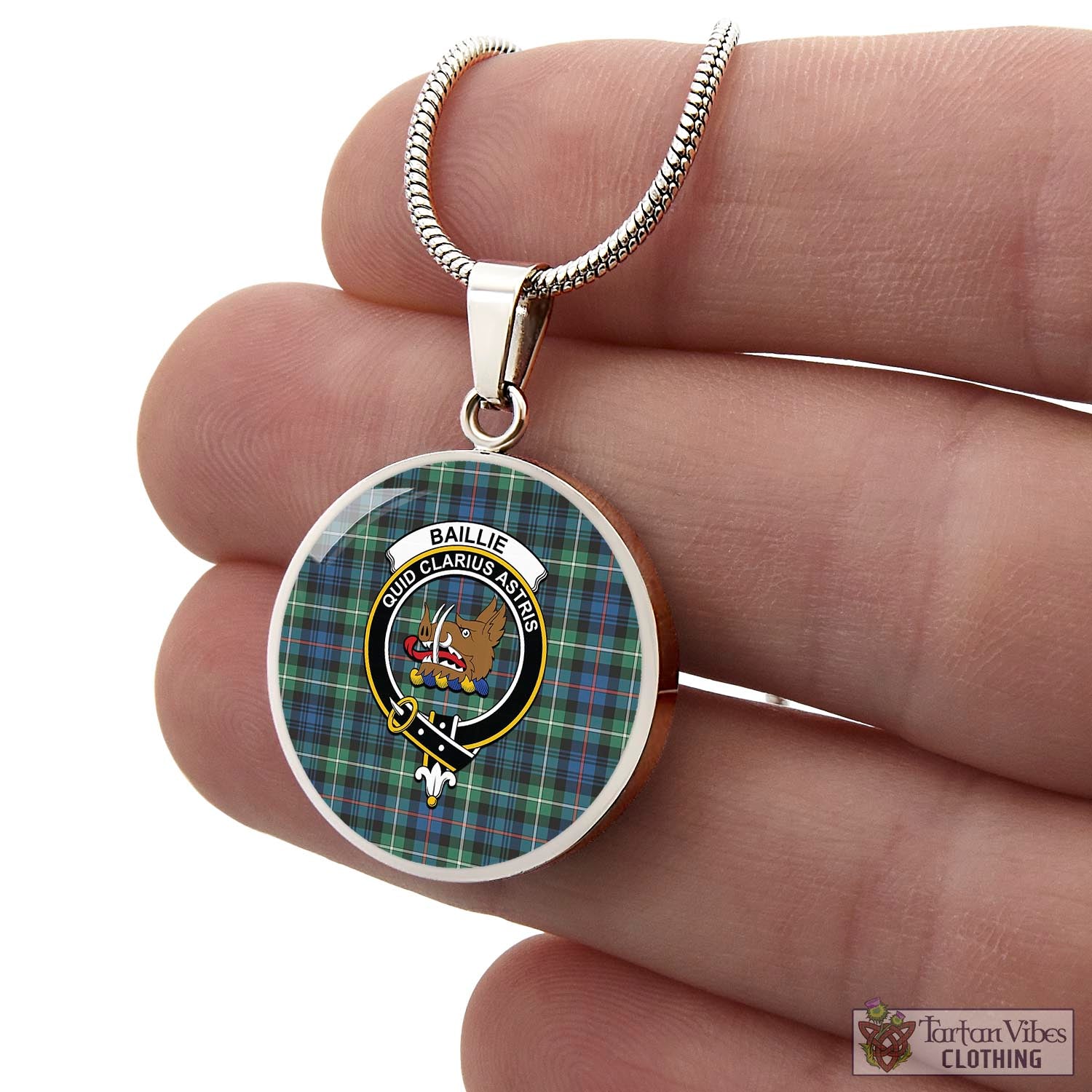 Tartan Vibes Clothing Baillie Ancient Tartan Circle Necklace with Family Crest