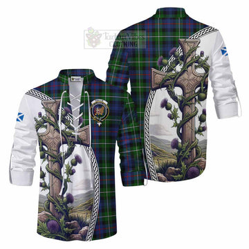 Baillie (Bailey) Tartan Ghillie Kilt Shirt with Family Crest and St. Andrew's Cross Accented by Thistle Vines Men - Tartan Vibes Clothing