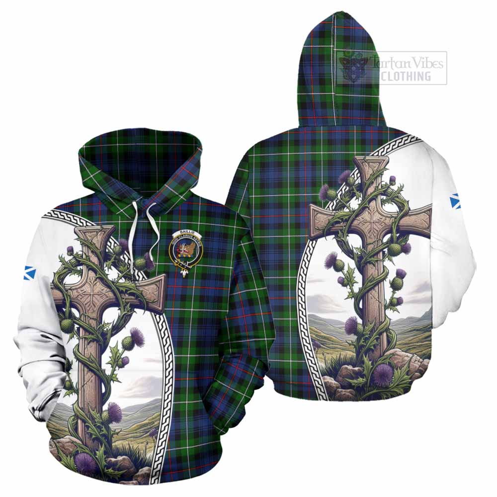 Tartan Vibes Clothing Baillie (Bailey) Tartan Hoodie with Family Crest and St. Andrew's Cross Accented by Thistle Vines