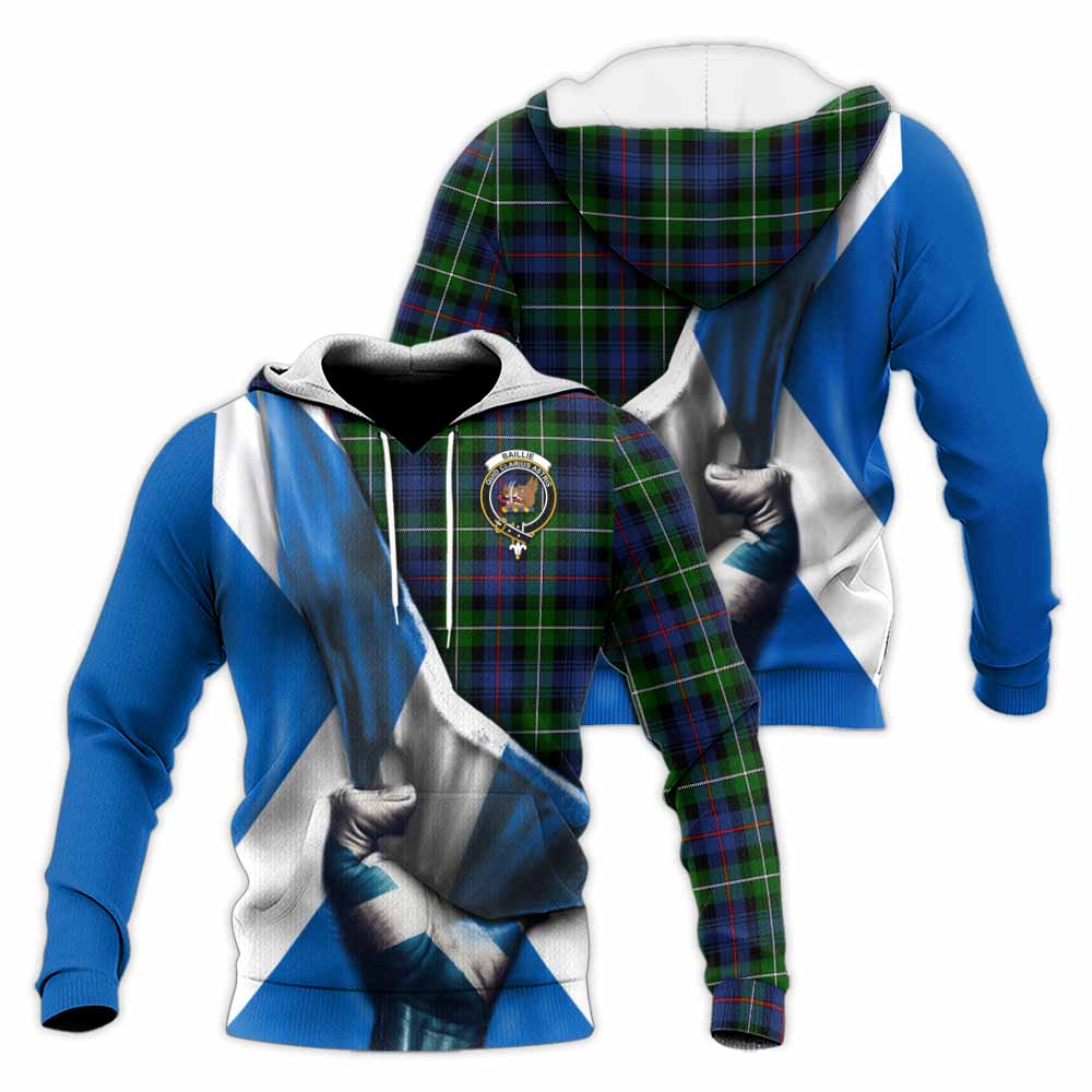 Tartan Vibes Clothing Baillie (Bailey) Tartan Knitted Hoodie with Family Crest Scotland Patriotic Style