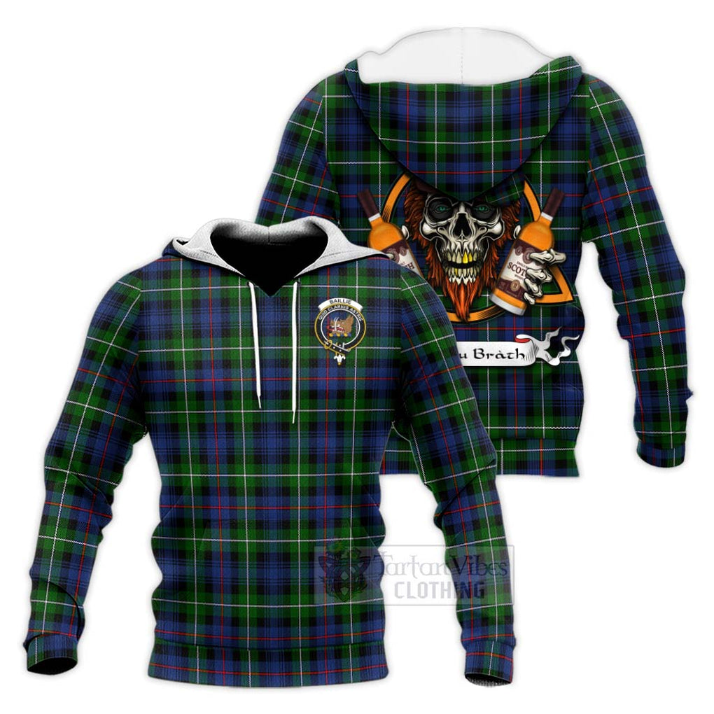 Tartan Vibes Clothing Baillie (Bailey) Tartan Knitted Hoodie with Family Crest and Bearded Skull Holding Bottles of Whiskey