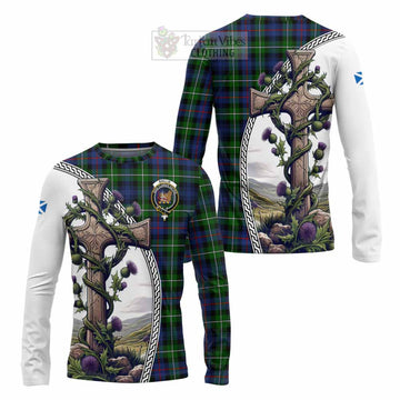 Baillie (Bailey) Tartan Long Sleeve T-Shirt with Family Crest and St. Andrew's Cross Accented by Thistle Vines Unisex - Tartan Vibes Clothing