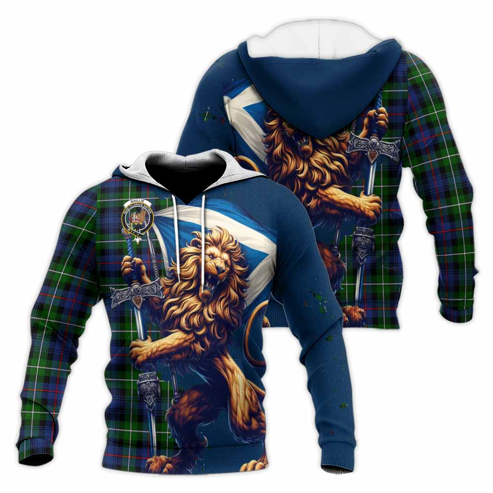 Tartan Vibes Clothing Baillie (Bailey) Tartan Family Crest Knitted Hoodie with Scottish Majestic Lion