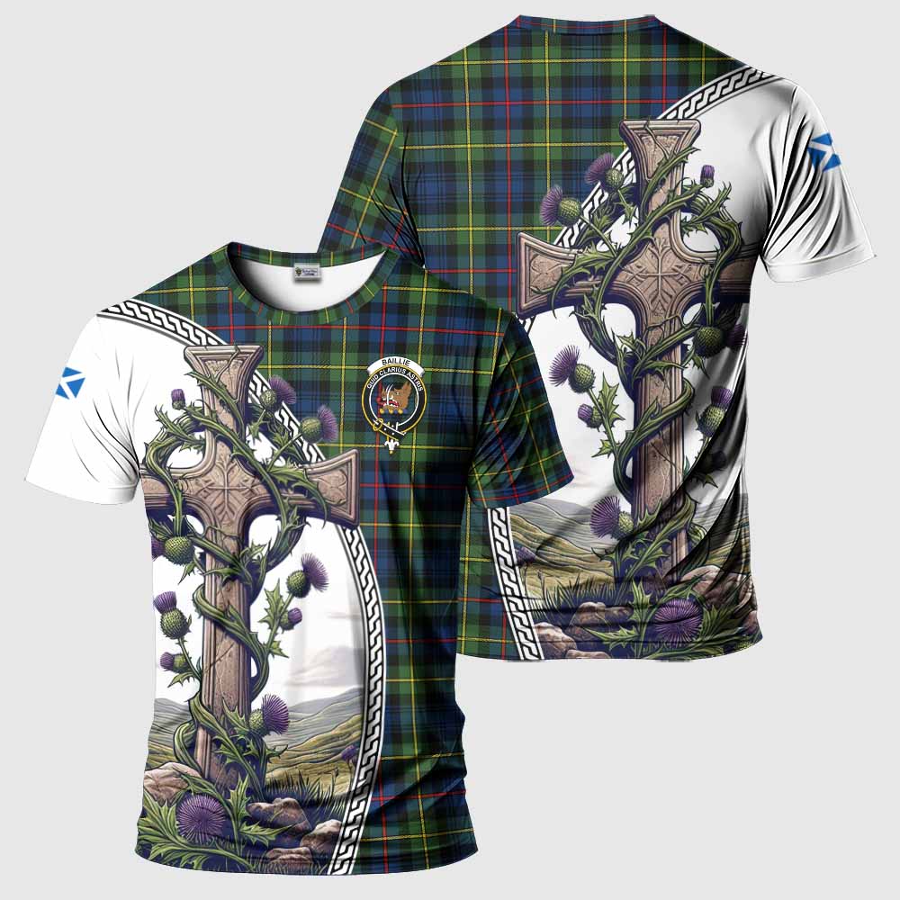 Tartan Vibes Clothing Baillie (Bailey) Agnew Tartan T-Shirt with Family Crest and St. Andrew's Cross Accented by Thistle Vines