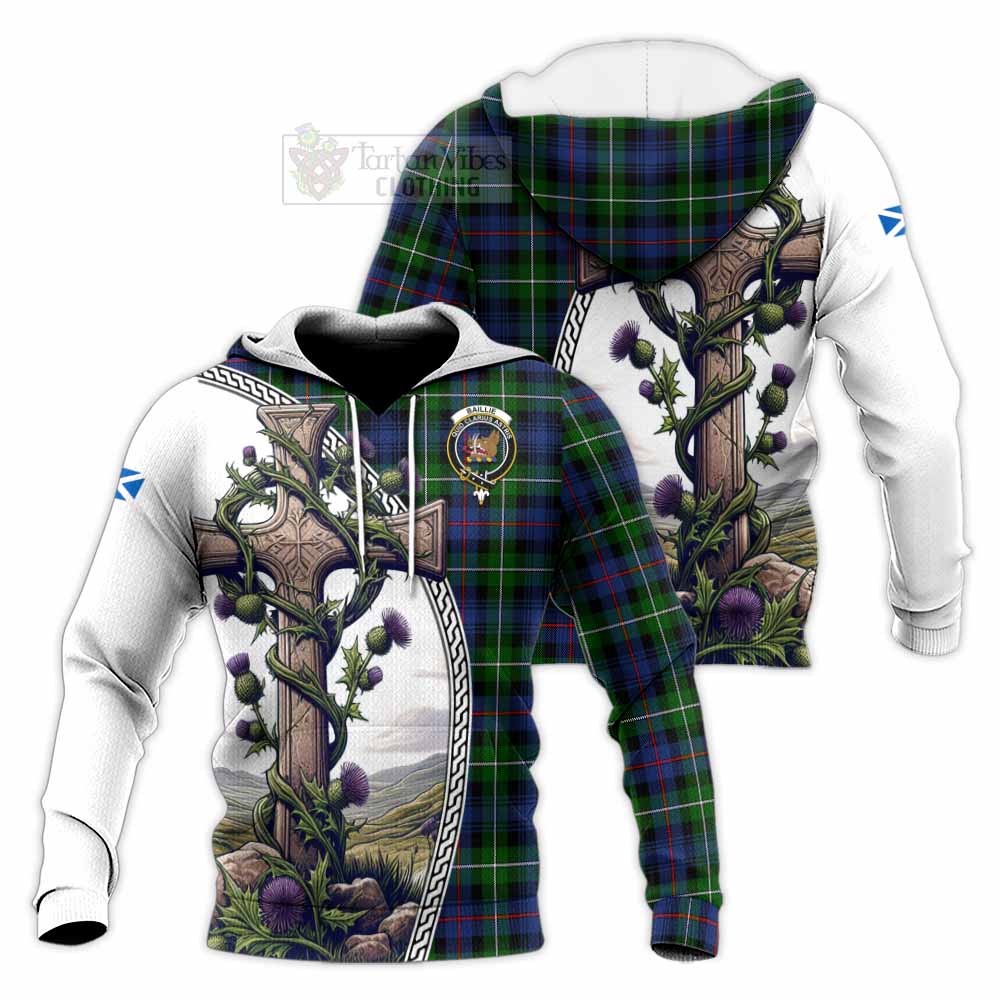 Tartan Vibes Clothing Baillie (Bailey) Tartan Knitted Hoodie with Family Crest and St. Andrew's Cross Accented by Thistle Vines