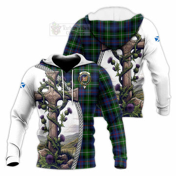 Baillie (Bailey) Tartan Knitted Hoodie with Family Crest and St. Andrew's Cross Accented by Thistle Vines