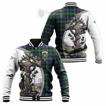 Baillie (Bailey) Tartan Baseball Jacket with Family Crest and St. Andrew's Cross Accented by Thistle Vines Unisex - Tartan Vibes Clothing
