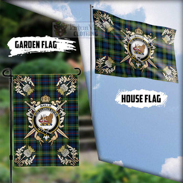 Baillie (Bailey) Tartan Flag with Family Crest and Golden Thistle Crossed Sword Design