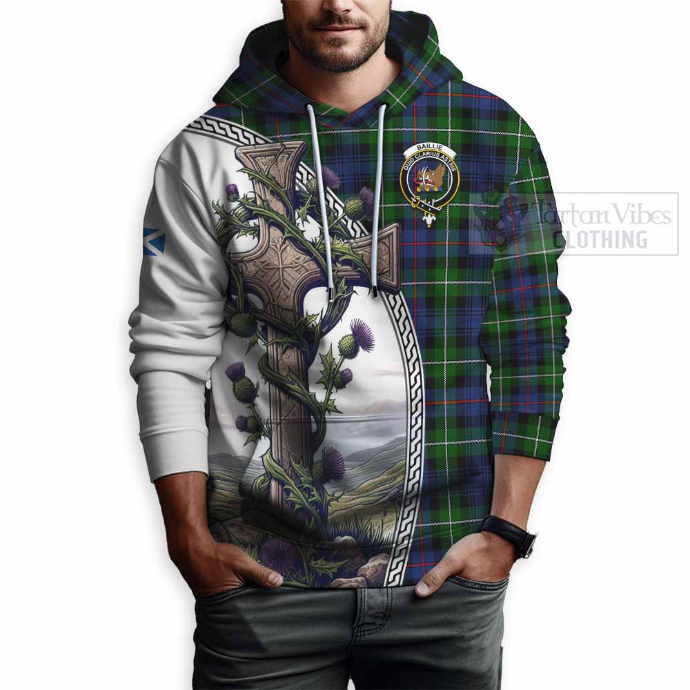 Tartan Vibes Clothing Baillie (Bailey) Tartan Hoodie with Family Crest and St. Andrew's Cross Accented by Thistle Vines