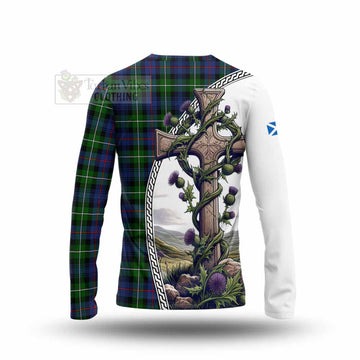 Baillie (Bailey) Tartan Long Sleeve T-Shirt with Family Crest and St. Andrew's Cross Accented by Thistle Vines - Tartan Vibes Clothing