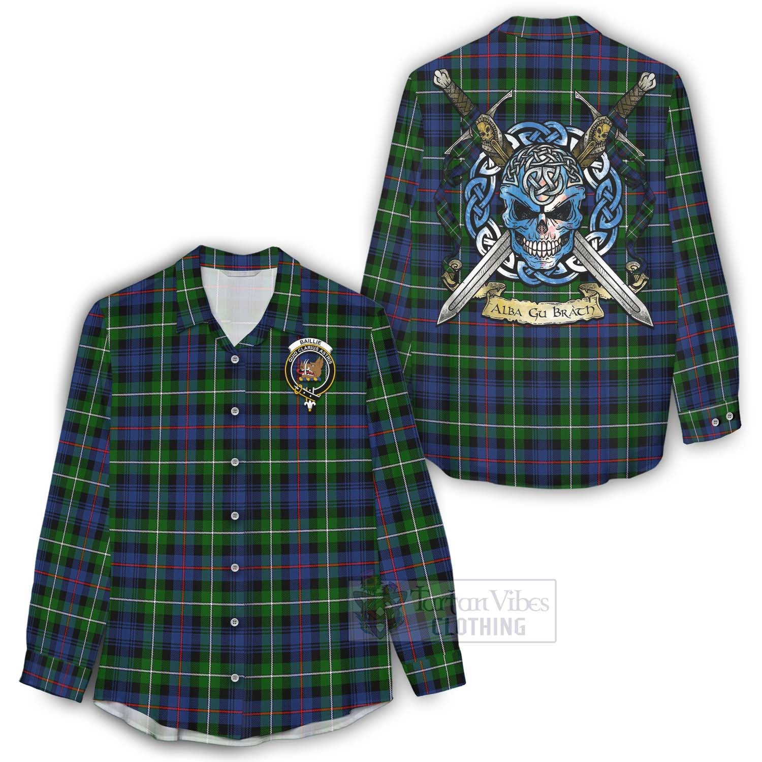 Tartan Vibes Clothing Baillie (Bailey) Tartan Women's Casual Shirt with Family Crest Celtic Skull Style