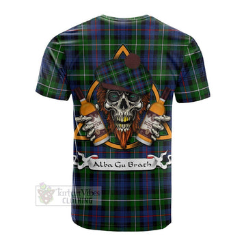 Baillie (Bailey) Tartan Cotton T-shirt with Family Crest and Bearded Skull Holding Bottles of Whiskey - Tartan Vibes Clothing