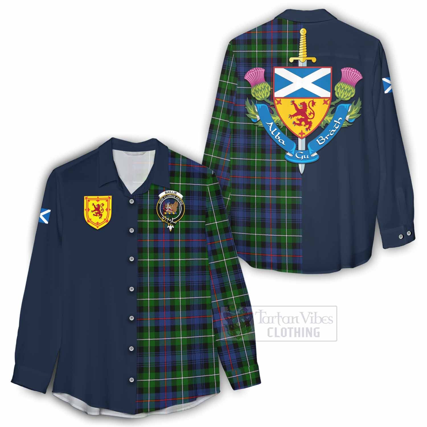 Tartan Vibes Clothing Baillie (Bailey) Tartan Women's Casual Shirt Alba with Scottish Lion Royal Arm Half Style