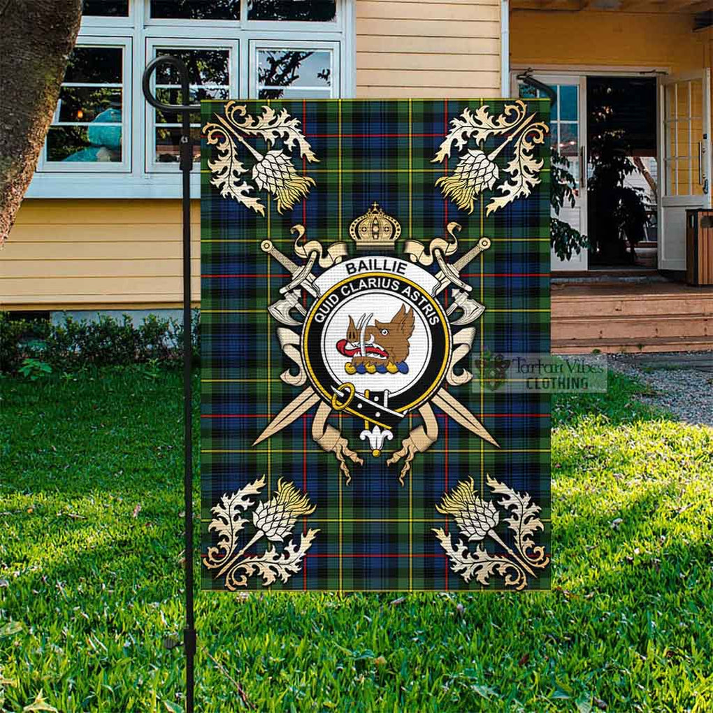 Tartan Vibes Clothing Baillie (Bailey) Tartan Flag with Family Crest and Golden Thistle Crossed Sword Design