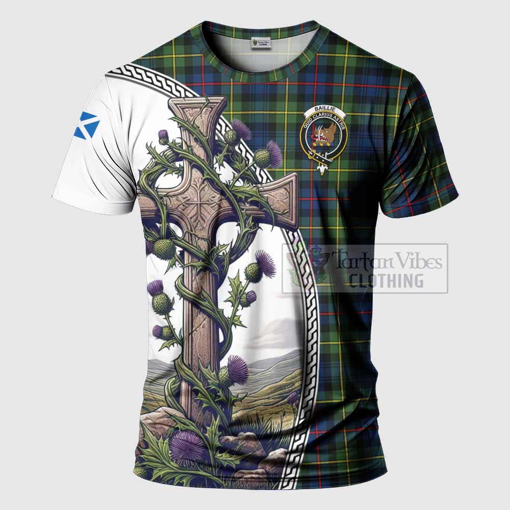 Tartan Vibes Clothing Baillie (Bailey) Agnew Tartan T-Shirt with Family Crest and St. Andrew's Cross Accented by Thistle Vines