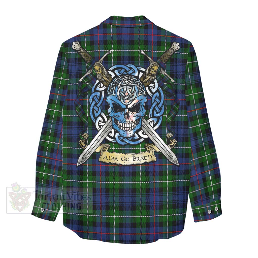 Tartan Vibes Clothing Baillie (Bailey) Tartan Women's Casual Shirt with Family Crest Celtic Skull Style