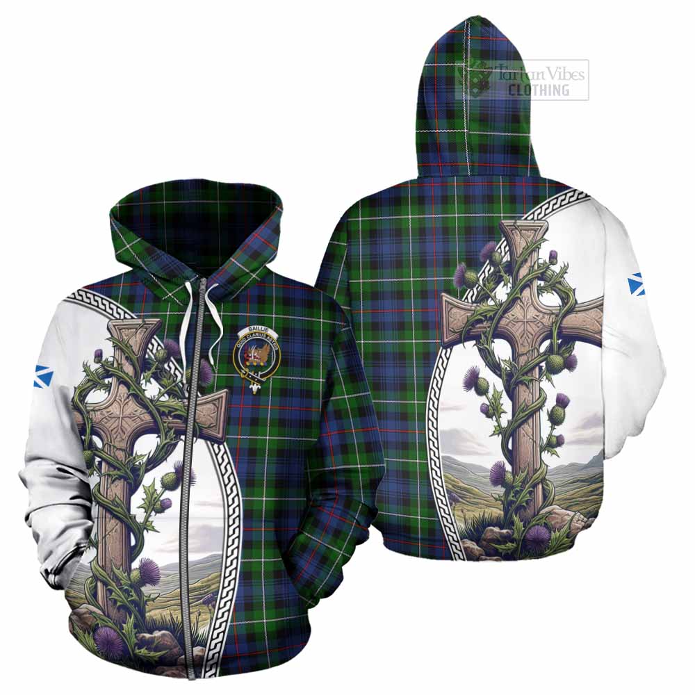 Tartan Vibes Clothing Baillie (Bailey) Tartan Hoodie with Family Crest and St. Andrew's Cross Accented by Thistle Vines