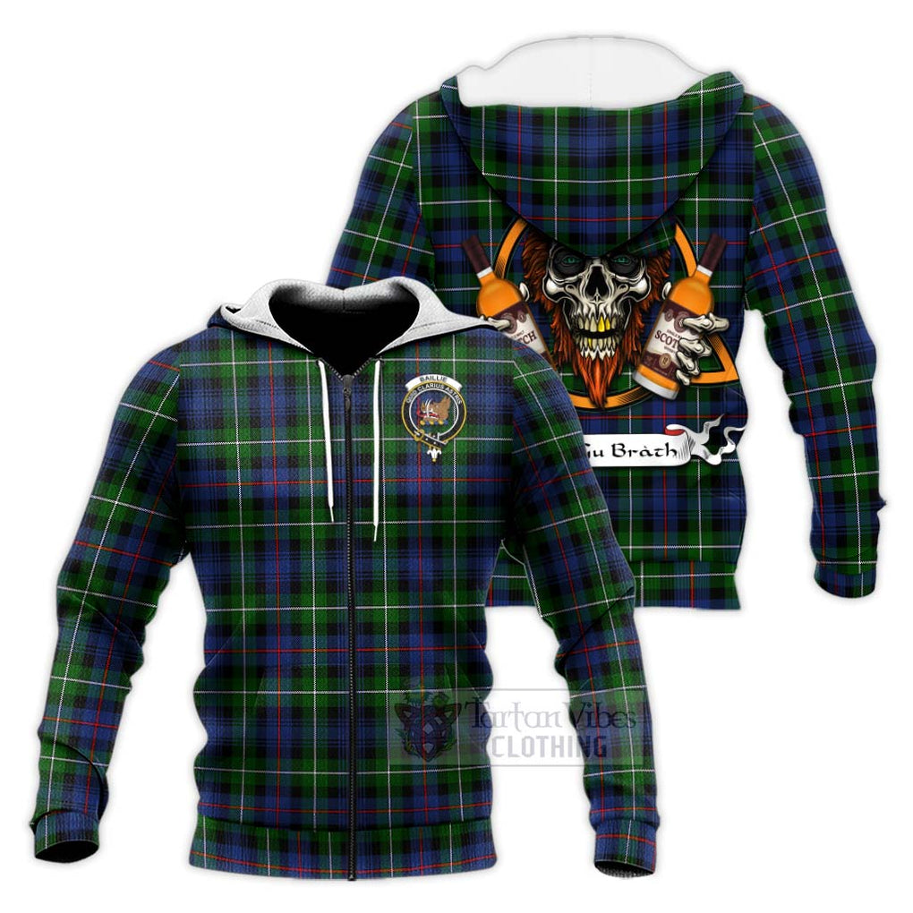 Tartan Vibes Clothing Baillie (Bailey) Tartan Knitted Hoodie with Family Crest and Bearded Skull Holding Bottles of Whiskey