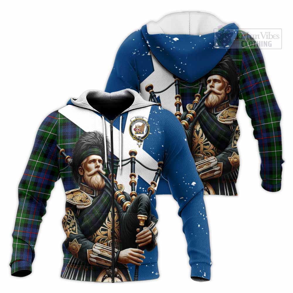 Tartan Vibes Clothing Baillie (Bailey) Tartan Knitted Hoodie with Family Crest Scottish Bagpiper Vibes