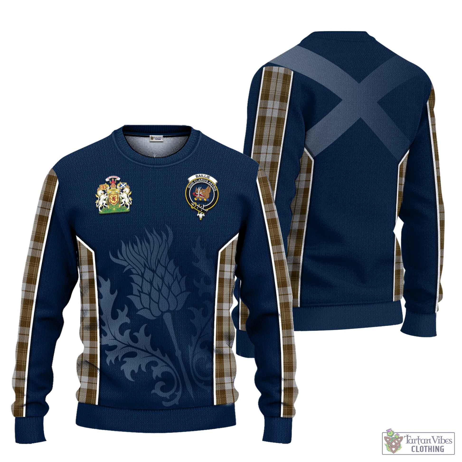 Tartan Vibes Clothing Baillie Dress Tartan Knitted Sweatshirt with Family Crest and Scottish Thistle Vibes Sport Style