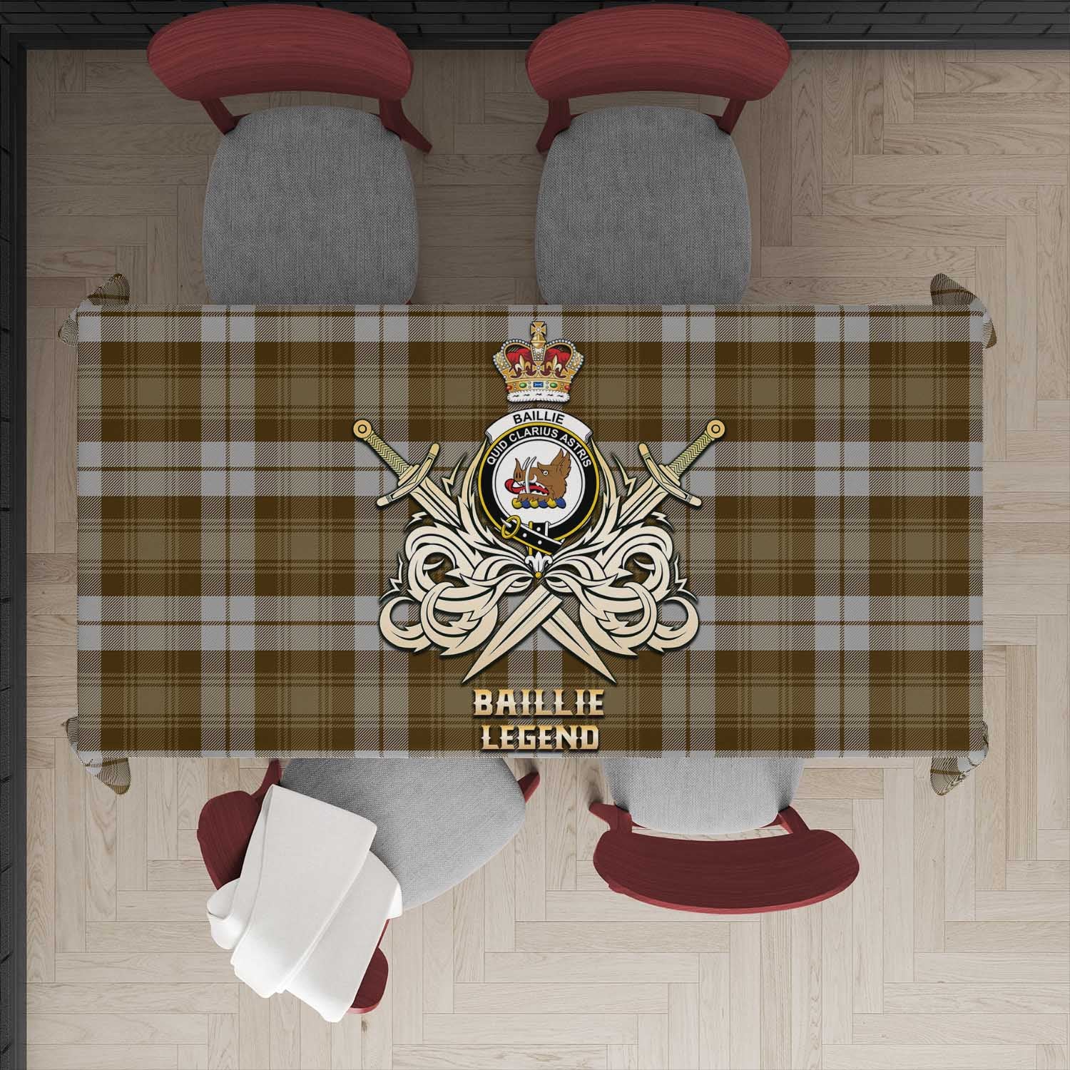 Tartan Vibes Clothing Baillie Dress Tartan Tablecloth with Clan Crest and the Golden Sword of Courageous Legacy