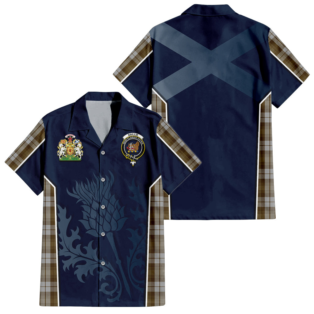 Tartan Vibes Clothing Baillie Dress Tartan Short Sleeve Button Up Shirt with Family Crest and Scottish Thistle Vibes Sport Style
