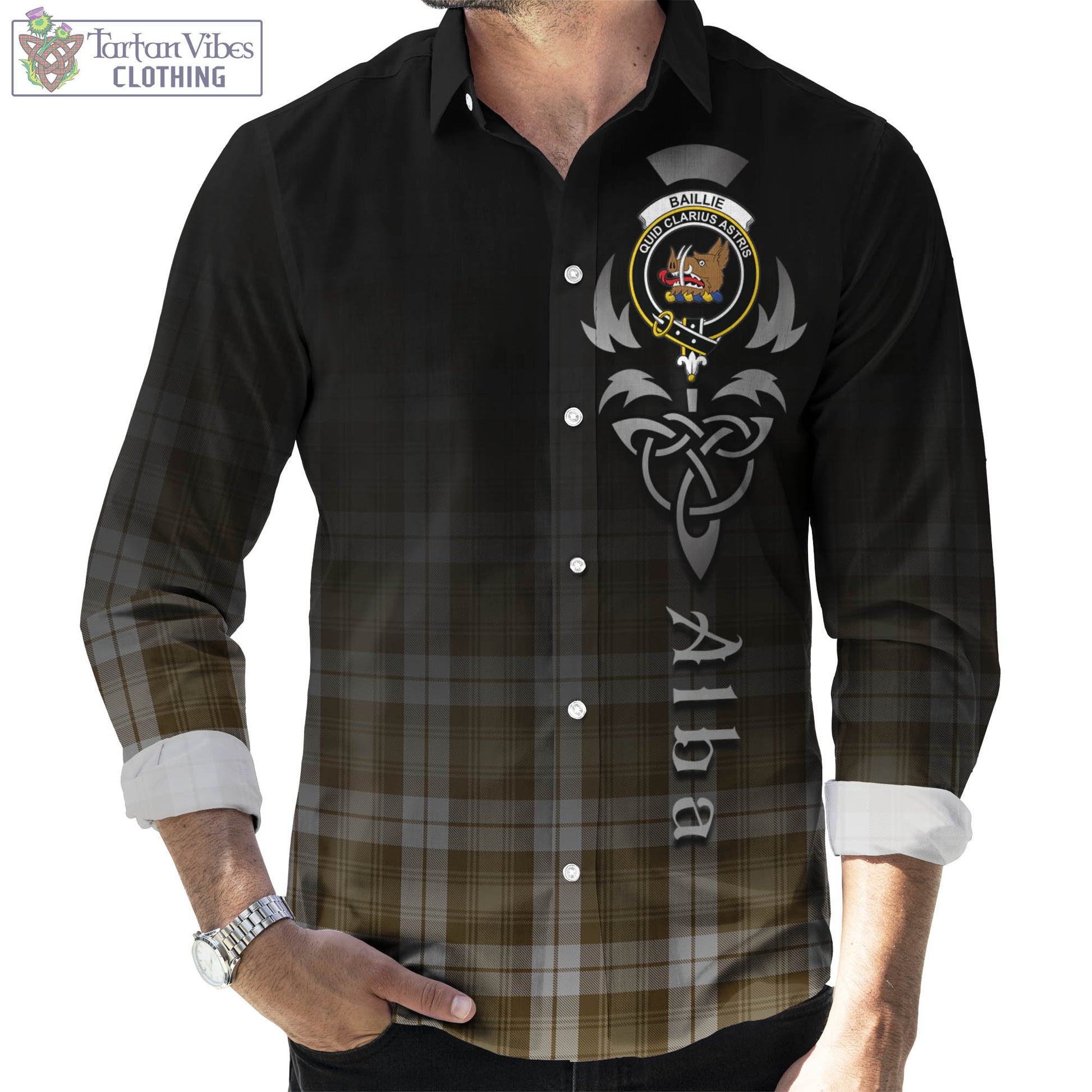 Tartan Vibes Clothing Baillie Dress Tartan Long Sleeve Button Up Featuring Alba Gu Brath Family Crest Celtic Inspired