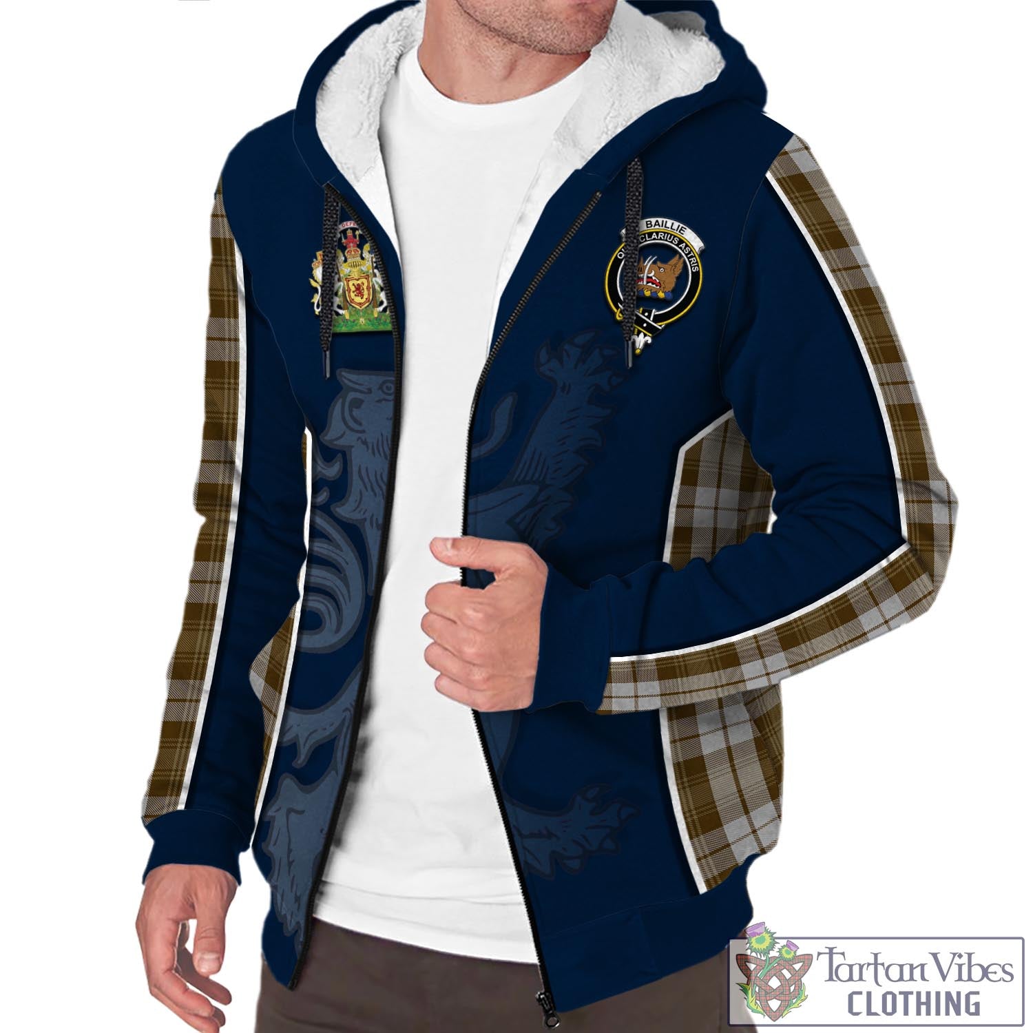 Tartan Vibes Clothing Baillie Dress Tartan Sherpa Hoodie with Family Crest and Lion Rampant Vibes Sport Style