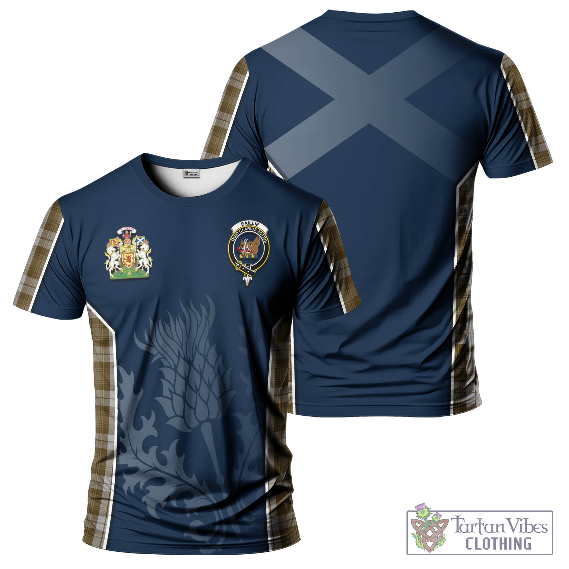 Tartan Vibes Clothing Baillie Dress Tartan T-Shirt with Family Crest and Scottish Thistle Vibes Sport Style