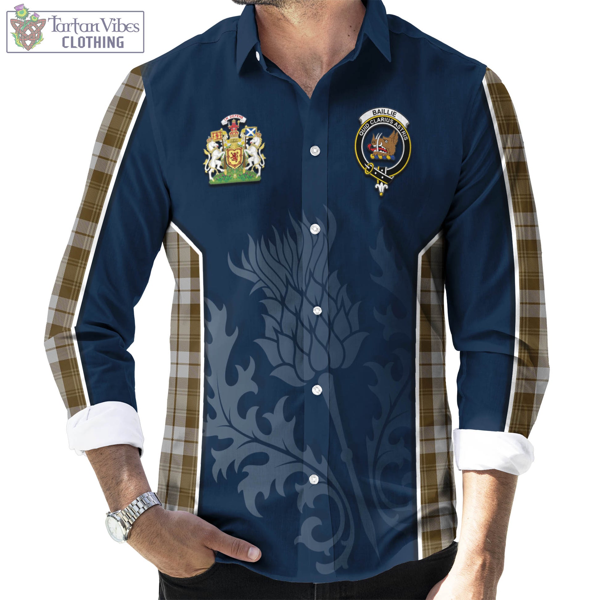 Tartan Vibes Clothing Baillie Dress Tartan Long Sleeve Button Up Shirt with Family Crest and Scottish Thistle Vibes Sport Style