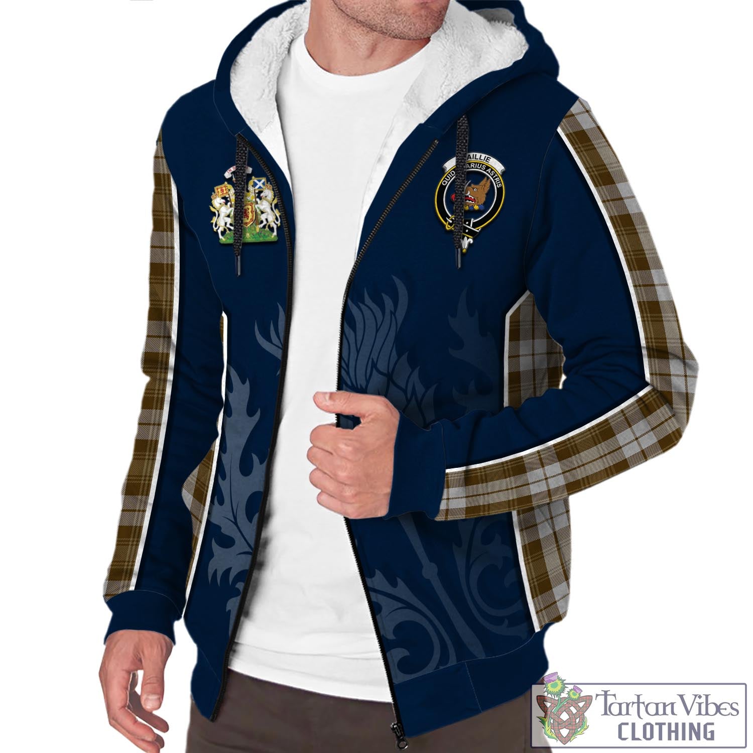 Tartan Vibes Clothing Baillie Dress Tartan Sherpa Hoodie with Family Crest and Scottish Thistle Vibes Sport Style