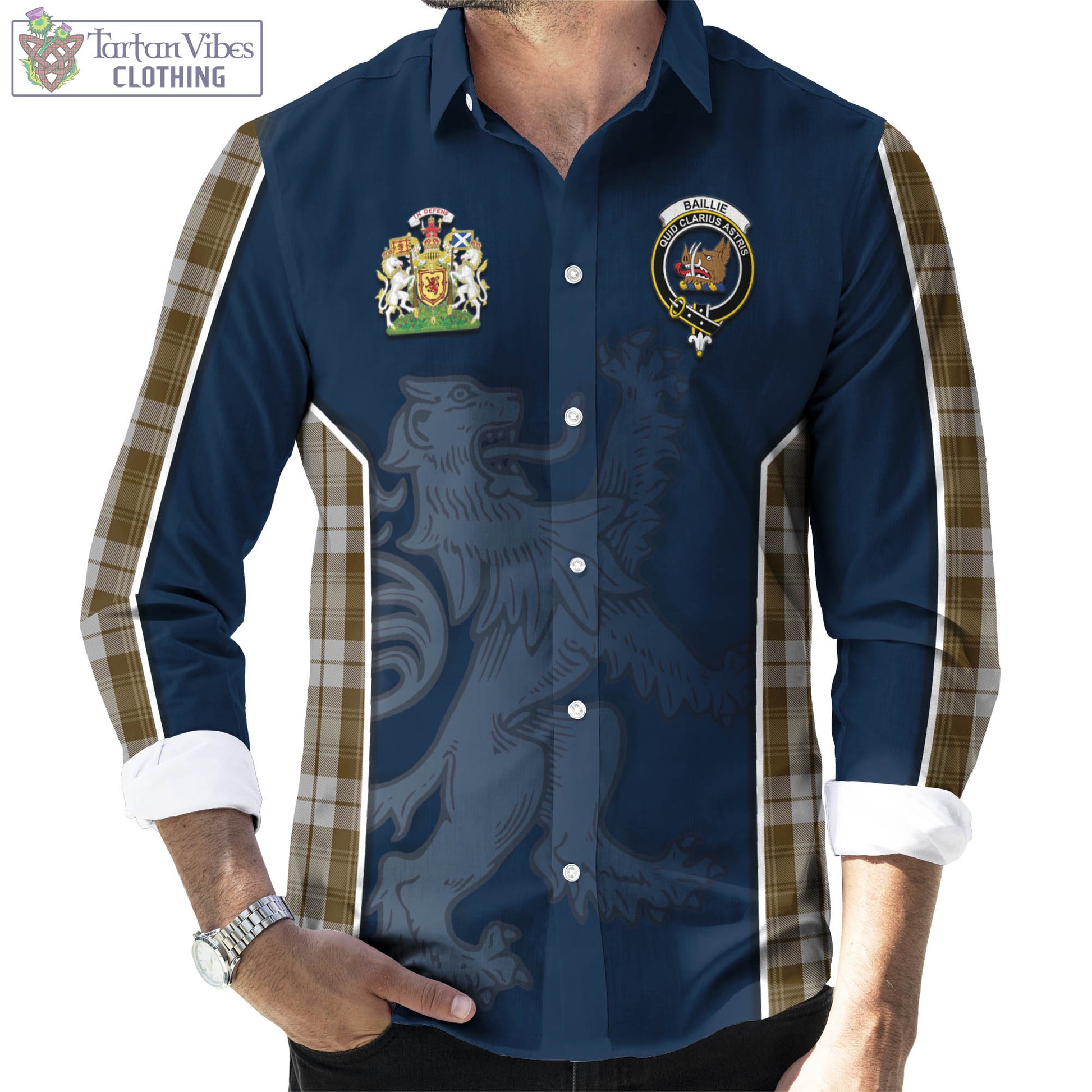 Tartan Vibes Clothing Baillie Dress Tartan Long Sleeve Button Up Shirt with Family Crest and Lion Rampant Vibes Sport Style