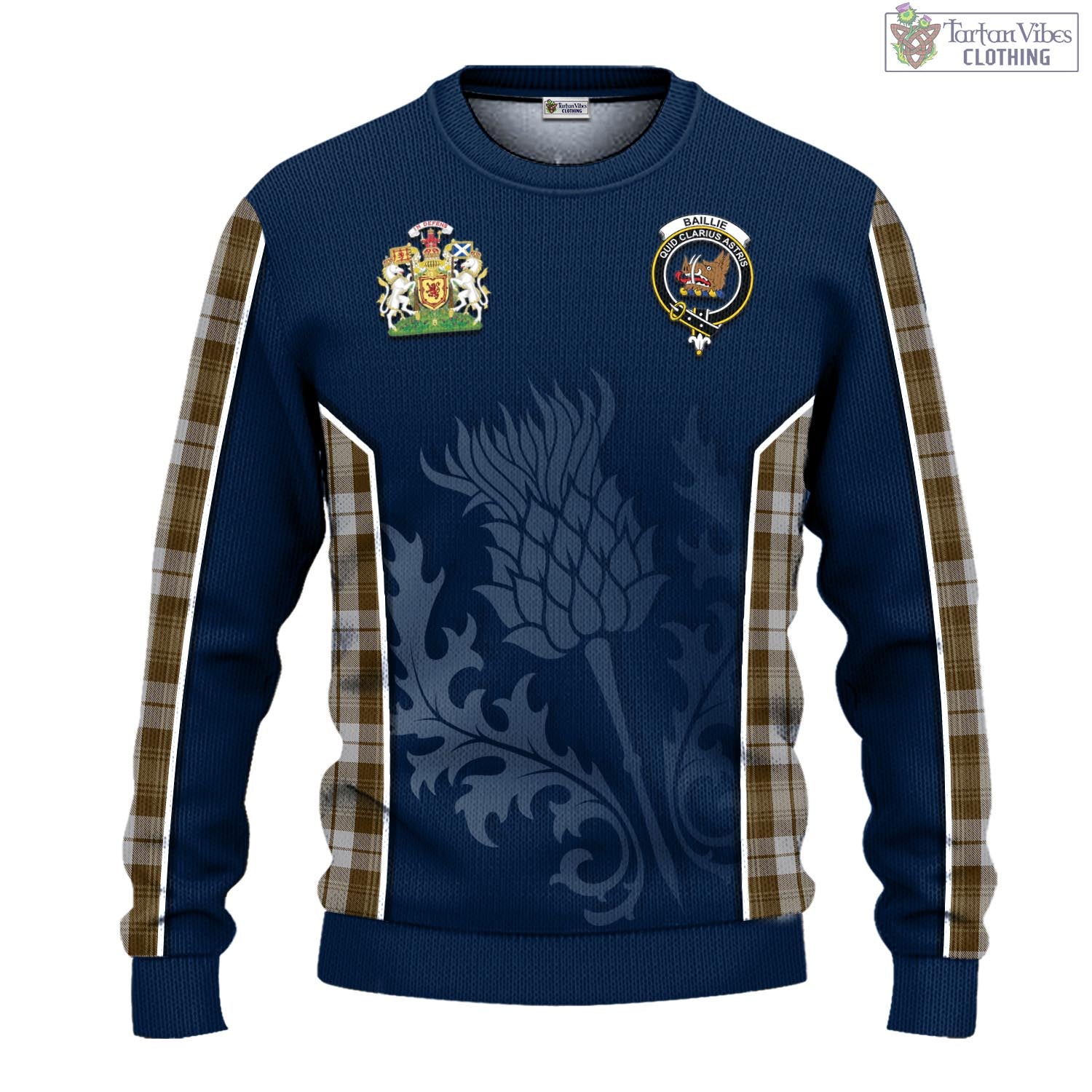 Tartan Vibes Clothing Baillie Dress Tartan Knitted Sweatshirt with Family Crest and Scottish Thistle Vibes Sport Style