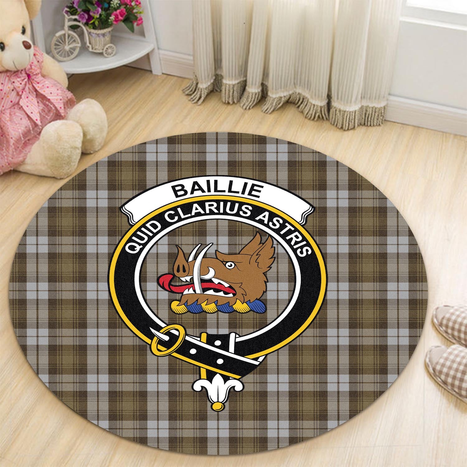 Baillie Dress Tartan Round Rug with Family Crest - Tartanvibesclothing