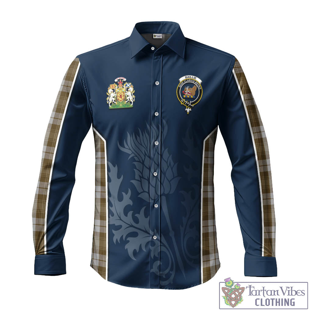 Tartan Vibes Clothing Baillie Dress Tartan Long Sleeve Button Up Shirt with Family Crest and Scottish Thistle Vibes Sport Style