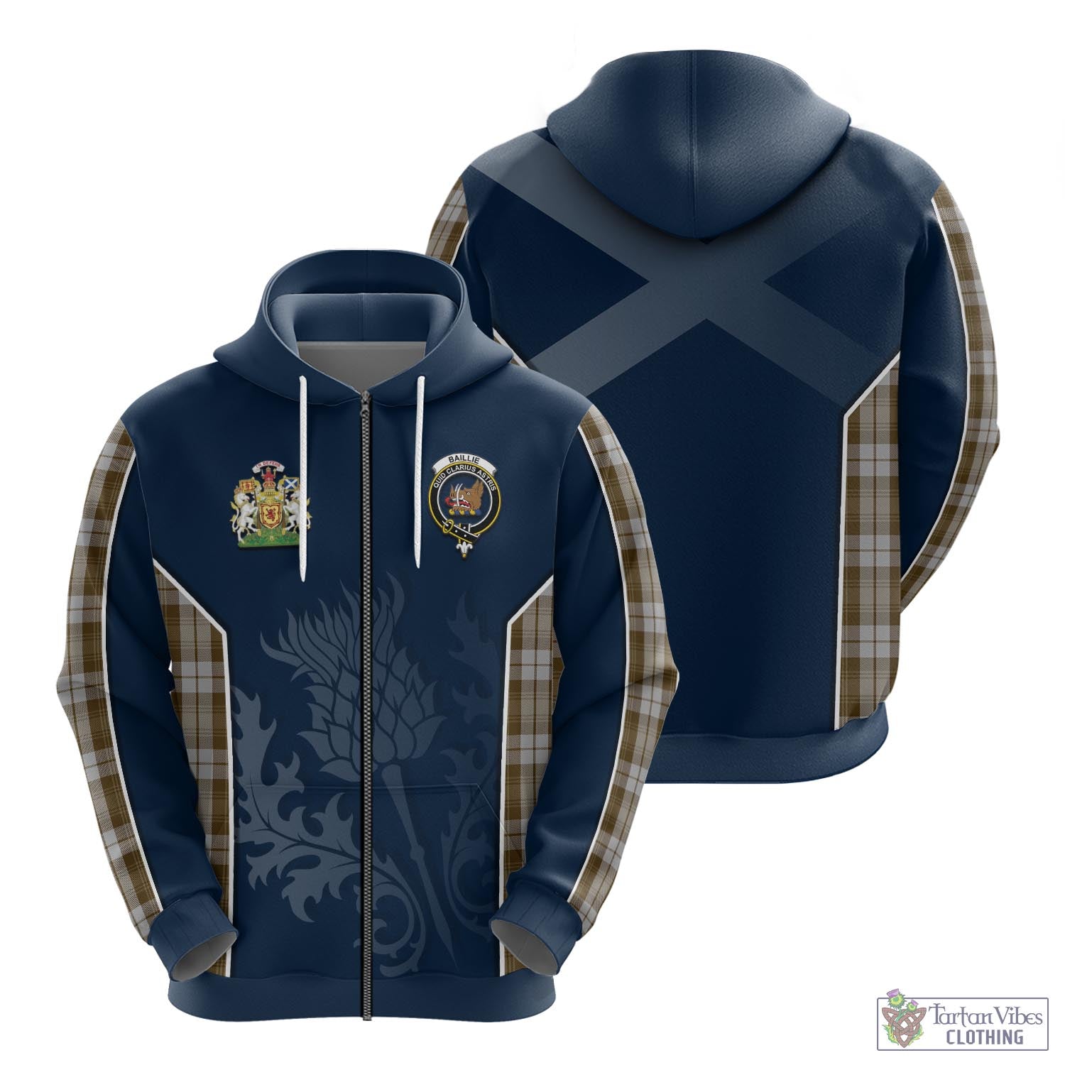 Tartan Vibes Clothing Baillie Dress Tartan Hoodie with Family Crest and Scottish Thistle Vibes Sport Style