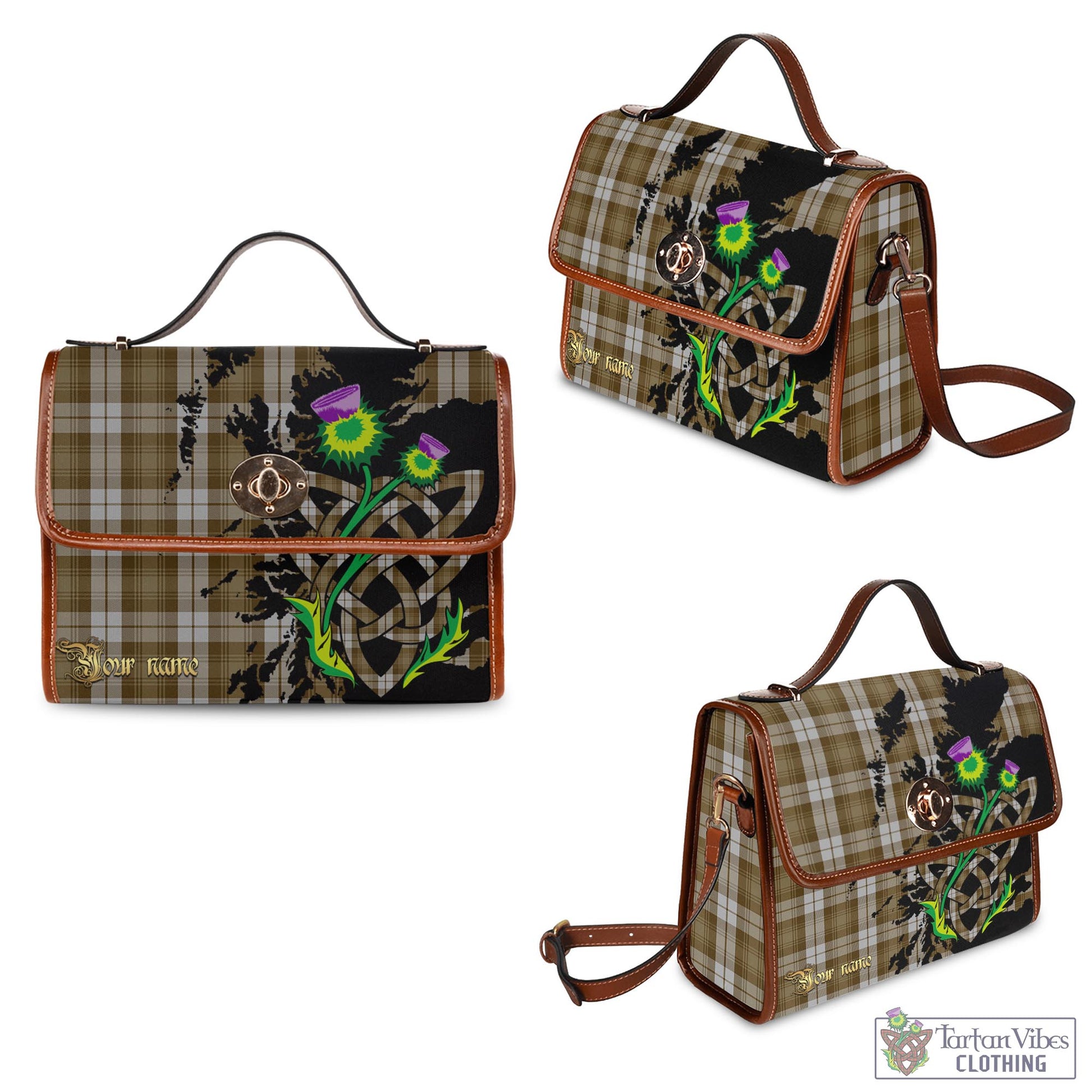 Tartan Vibes Clothing Baillie Dress Tartan Waterproof Canvas Bag with Scotland Map and Thistle Celtic Accents