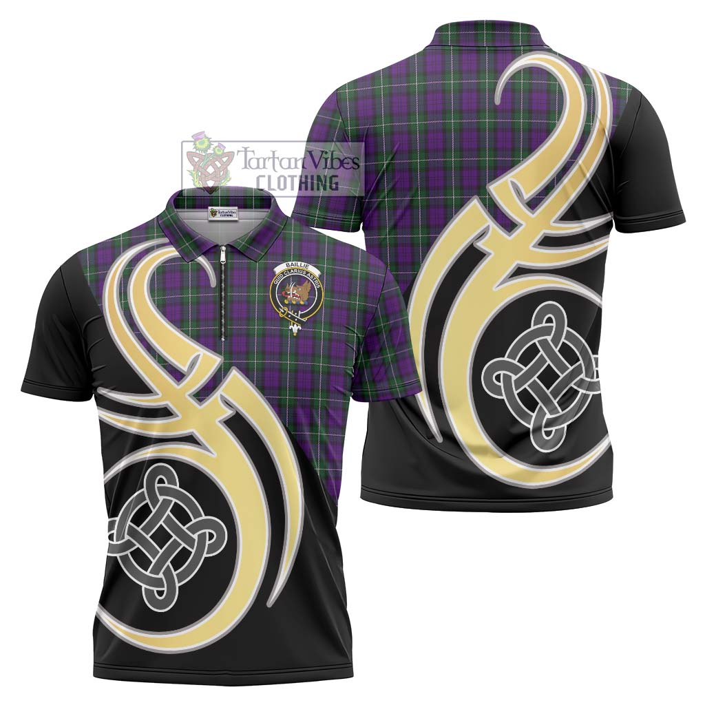 Tartan Vibes Clothing Baillie Highland Society Tartan Zipper Polo Shirt with Family Crest and Celtic Symbol Style