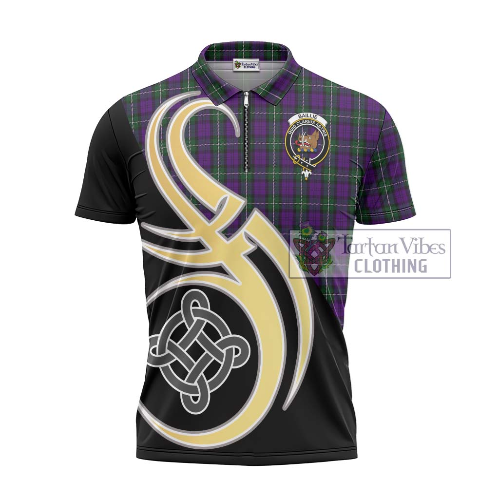 Tartan Vibes Clothing Baillie Highland Society Tartan Zipper Polo Shirt with Family Crest and Celtic Symbol Style