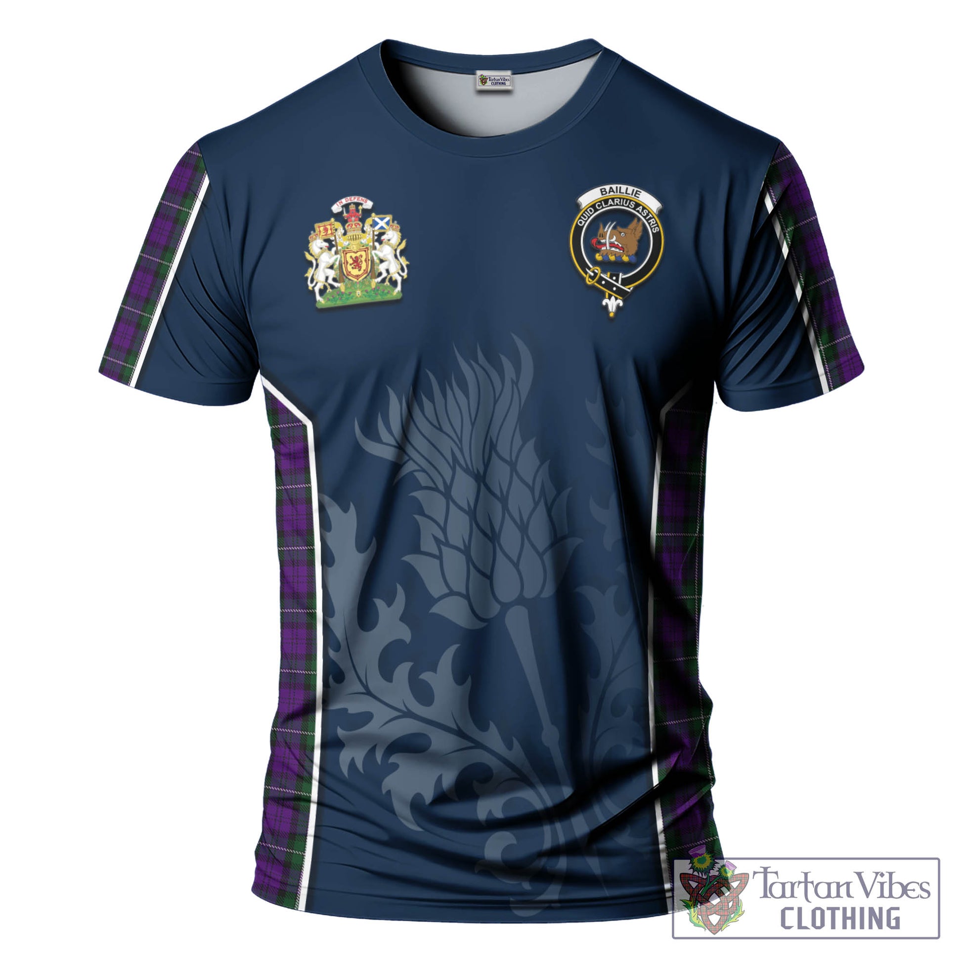 Tartan Vibes Clothing Baillie Highland Society Tartan T-Shirt with Family Crest and Scottish Thistle Vibes Sport Style