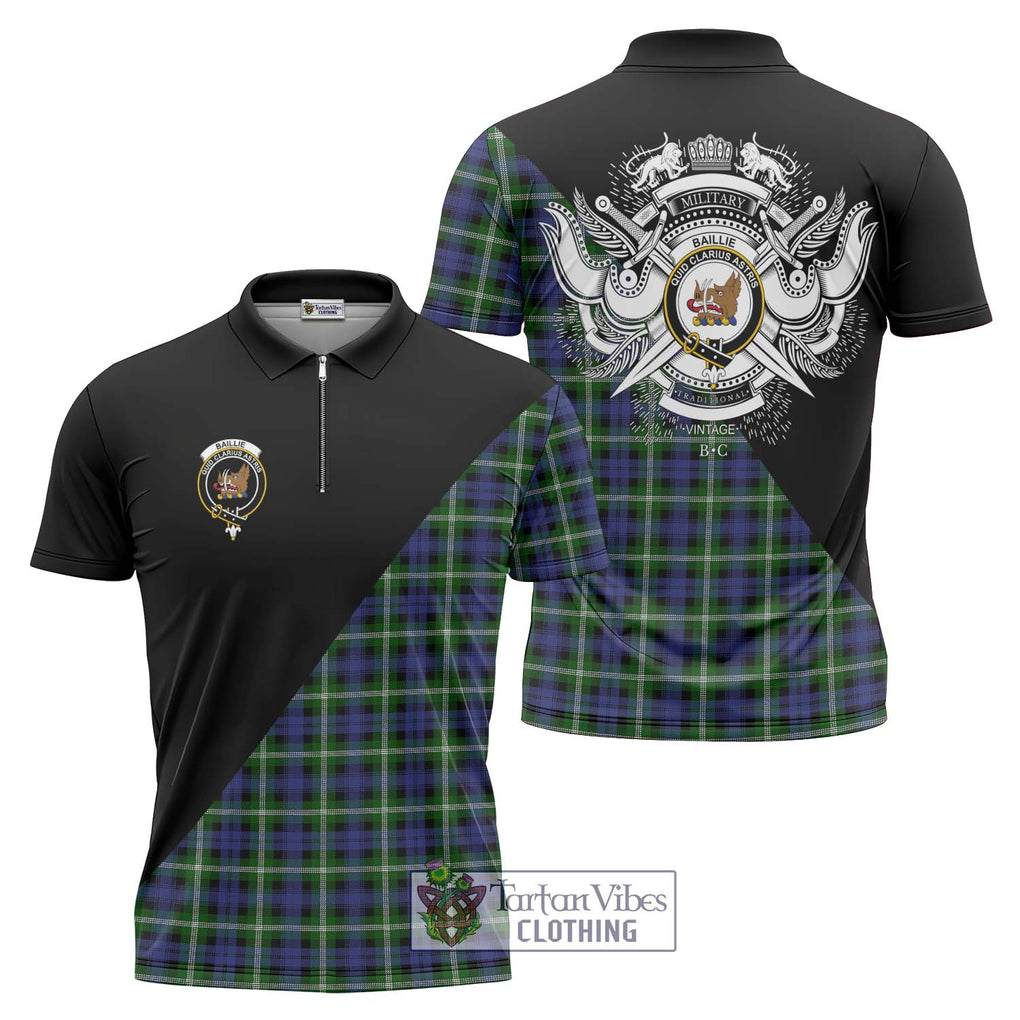 Baillie (Bailey) Tartan Zipper Polo Shirt with Family Crest and Military Logo Style Unisex - Tartanvibesclothing Shop