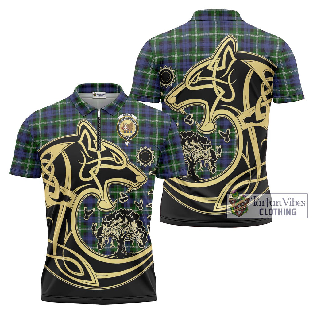 Baillie (Bailey) Tartan Zipper Polo Shirt with Family Crest Celtic Wolf Style Unisex - Tartanvibesclothing Shop