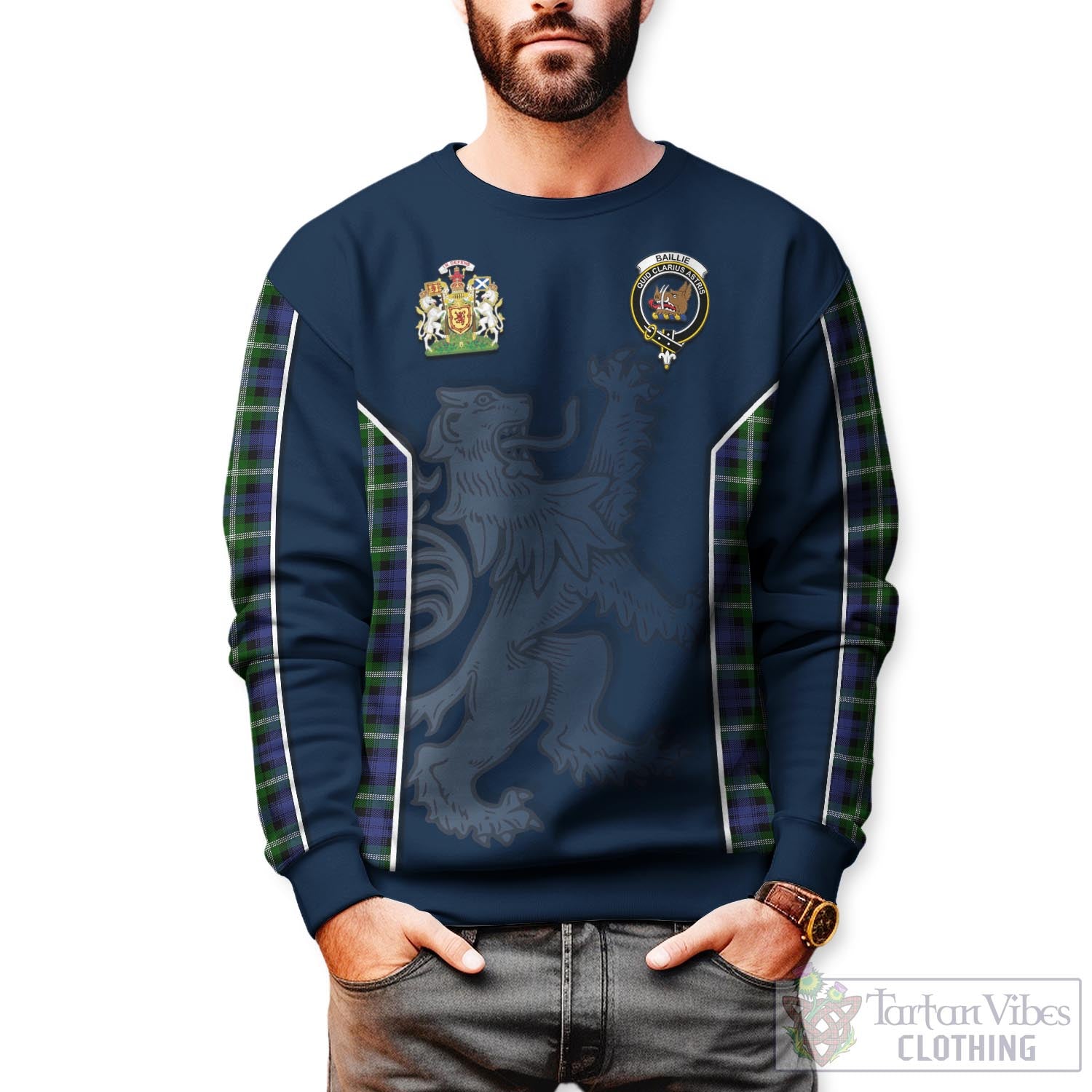 Tartan Vibes Clothing Baillie Modern Tartan Sweater with Family Crest and Lion Rampant Vibes Sport Style