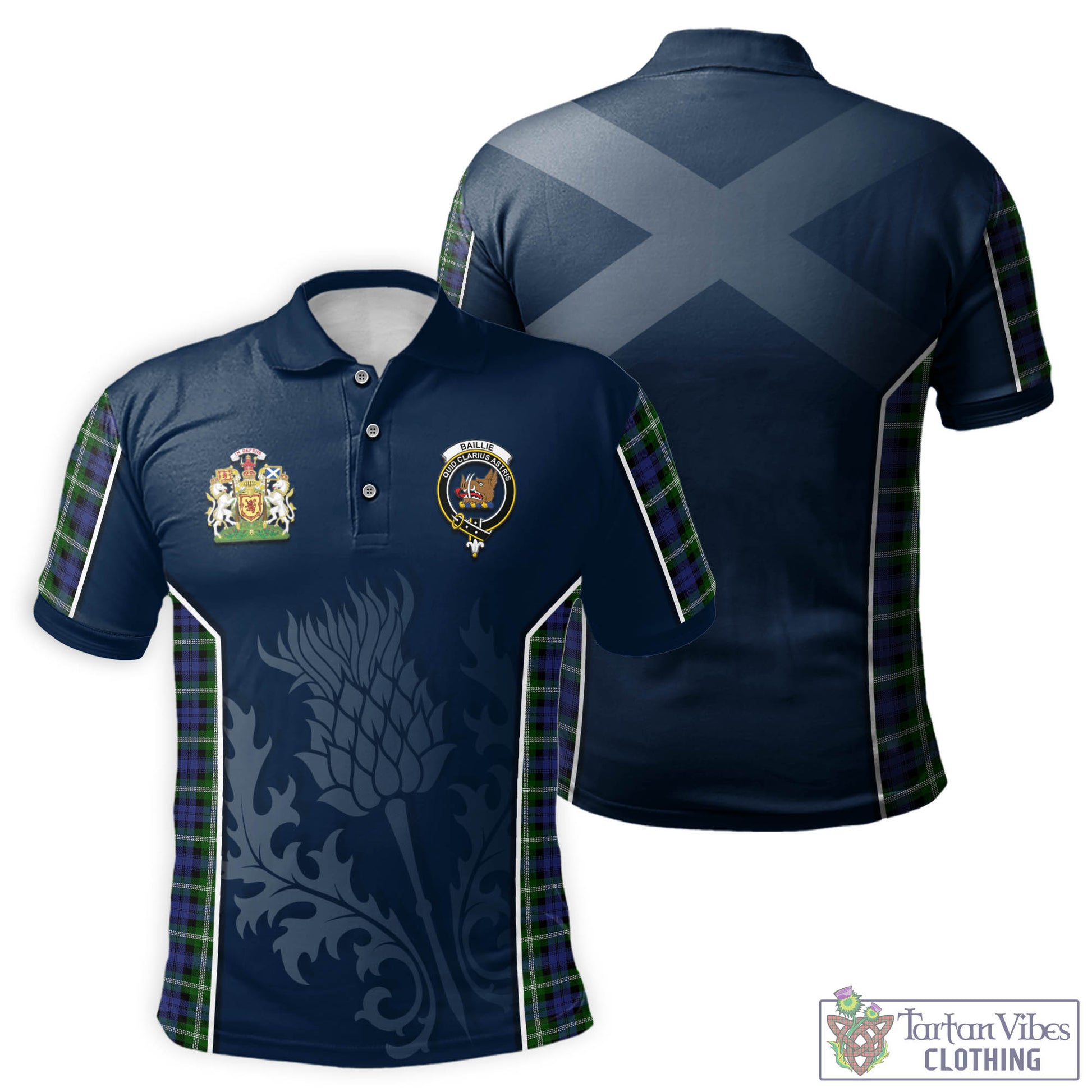 Tartan Vibes Clothing Baillie Modern Tartan Men's Polo Shirt with Family Crest and Scottish Thistle Vibes Sport Style