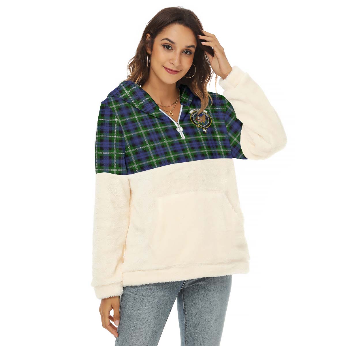 Baillie Modern Tartan Women's Borg Fleece Hoodie With Half Zip with Family Crest Female - Tartanvibesclothing