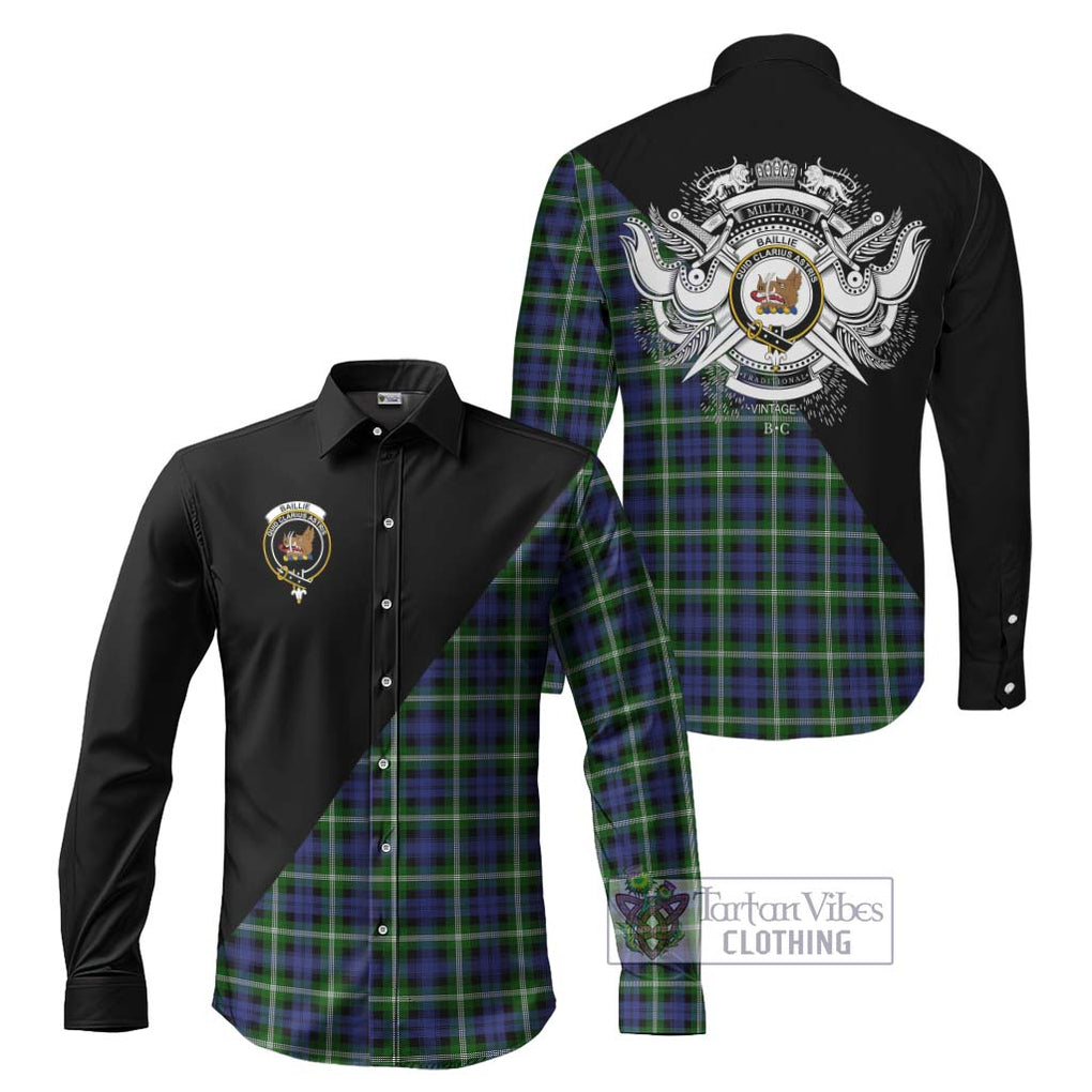 Baillie (Bailey) Tartan Long Sleeve Button Shirt with Family Crest and Military Logo Style Men's Shirt S - Tartanvibesclothing Shop