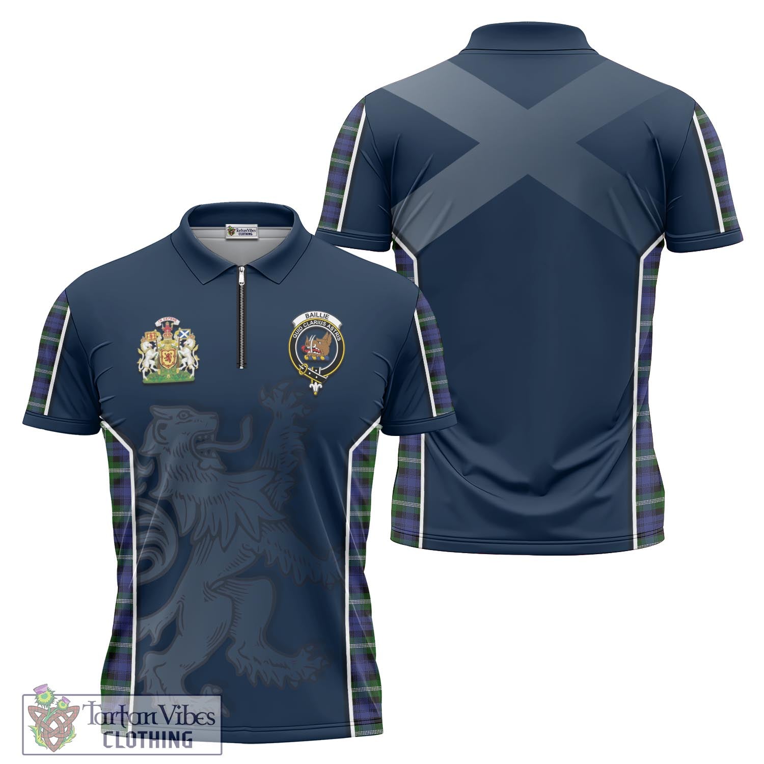 Tartan Vibes Clothing Baillie Modern Tartan Zipper Polo Shirt with Family Crest and Lion Rampant Vibes Sport Style